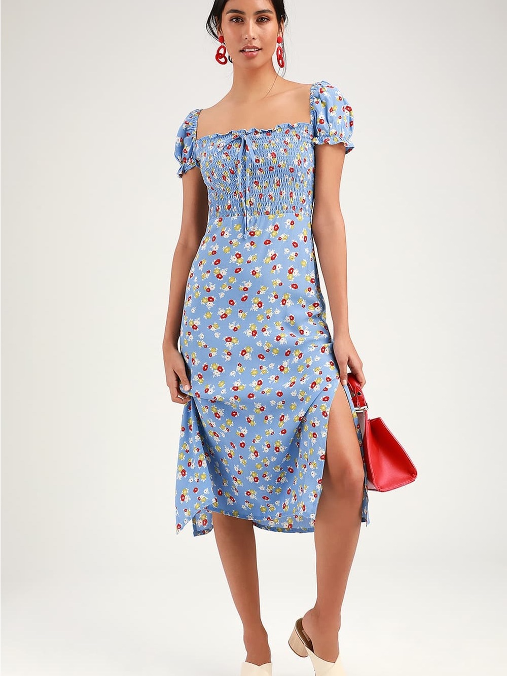Faithfull the Brand Light Blue Floral Smocked Midi Dress with Puff Sleeves
